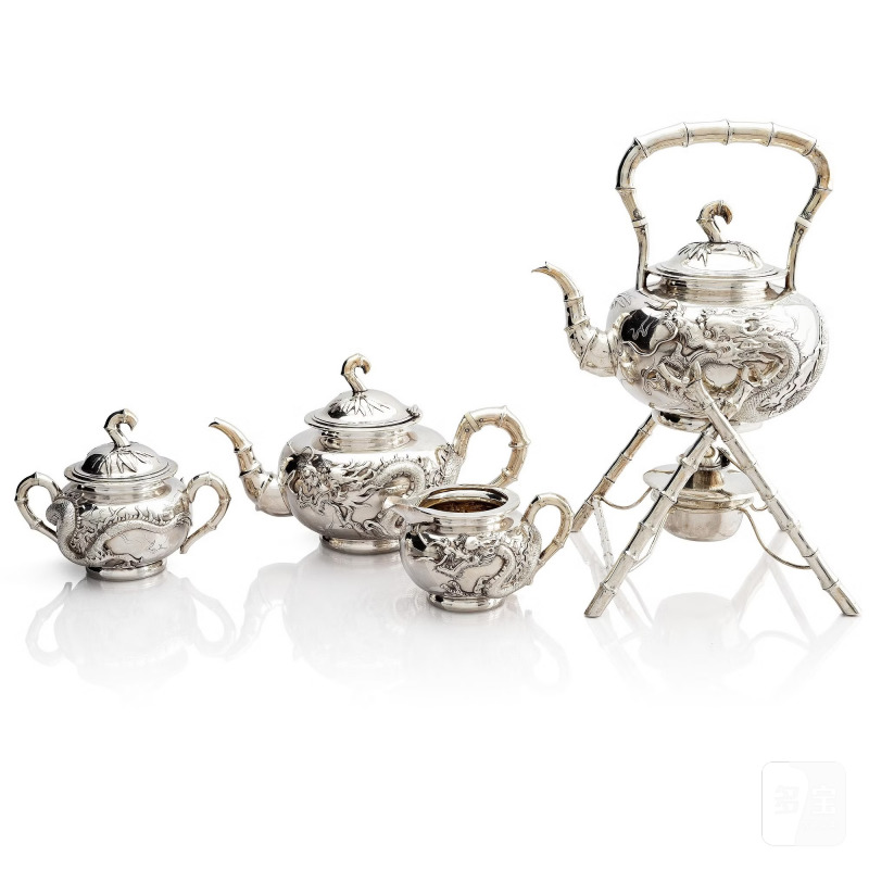 A Chinese five piece export silver tea set,